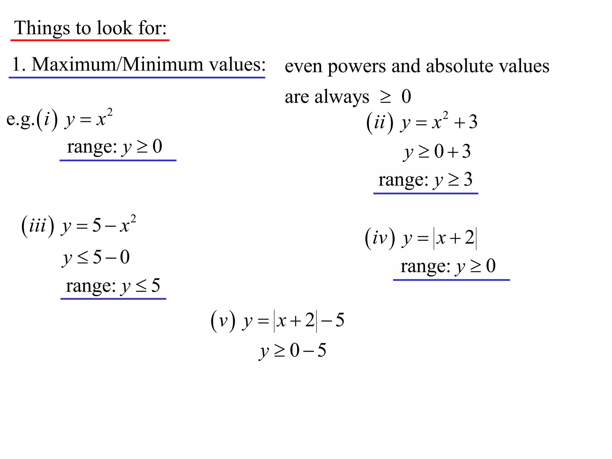 Things to look for:
1. Maximum/Minimum values: even powers and absolute values
                                   are always  0
e.g.  i  y  x 2                            ii  y  x 2  3
           range: y  0                             y  03
                                                range: y  3

   iii  y  5  x 2                          iv  y  x  2
        y  50                                    range: y  0
        range: y  5
                          v y  x  2  5
                                y  05
 