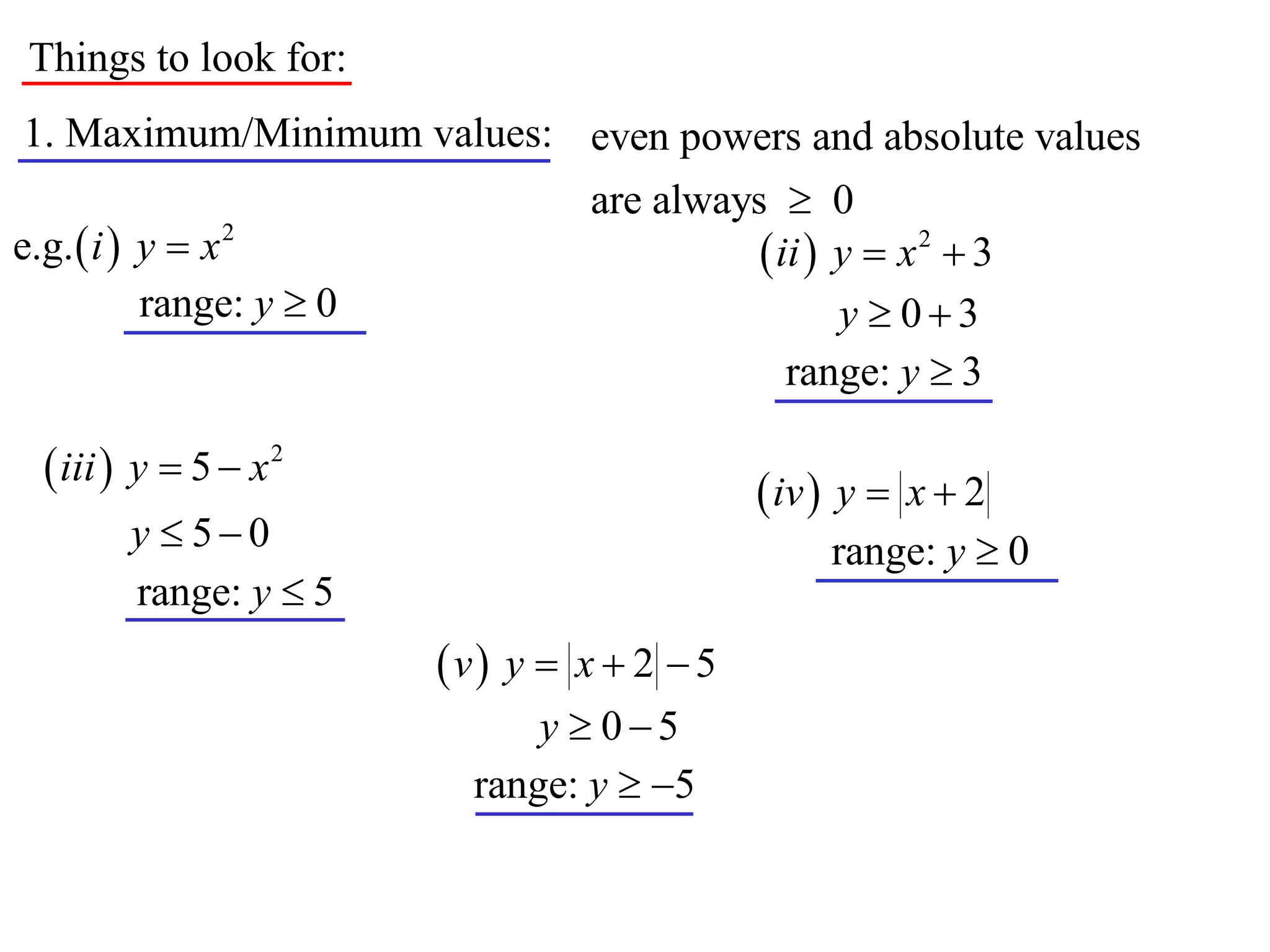Things to look for:
1. Maximum/Minimum values: even powers and absolute values
                                   are always  0
e.g.  i  y  x 2                            ii  y  x 2  3
           range: y  0                             y  03
                                                range: y  3

   iii  y  5  x 2                          iv  y  x  2
        y  50                                    range: y  0
        range: y  5
                          v y  x  2  5
                                y  05
                            range: y  5
 