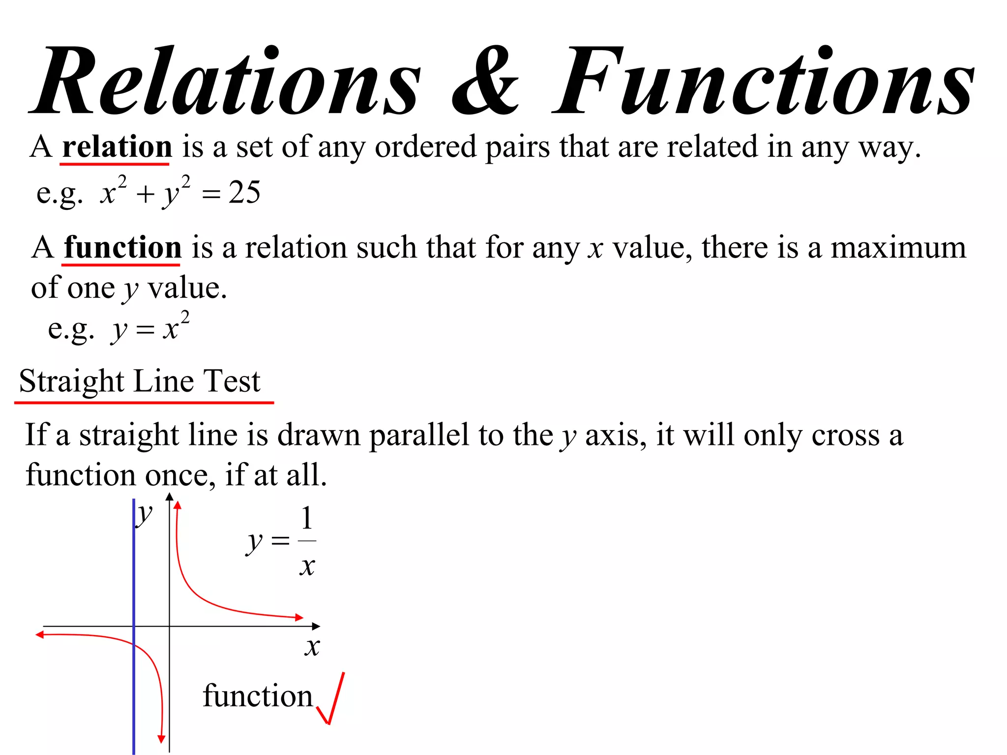 Relations & Functions
A relation is a set of any ordered pairs that are related in any way.
e.g. x 2  y 2  25
A function is a relation such that for any x value, there is a maximum
of one y value.
 e.g. y  x 2
Straight Line Test
If a straight line is drawn parallel to the y axis, it will only cross a
function once, if at all.
          y            1
                   y
                        x

                       x
              function
 