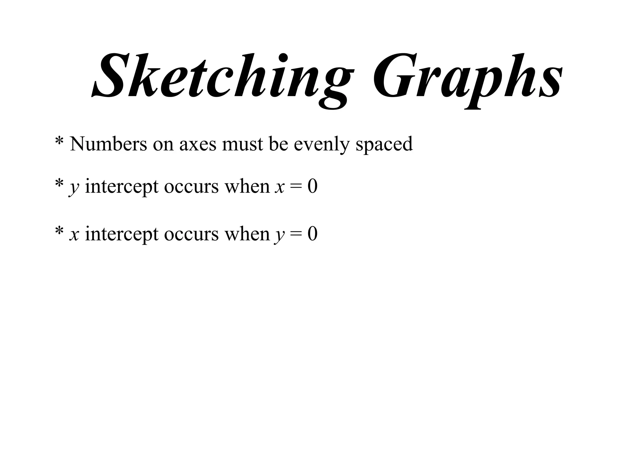 Sketching Graphs
* Numbers on axes must be evenly spaced

* y intercept occurs when x = 0

* x intercept occurs when y = 0
 
