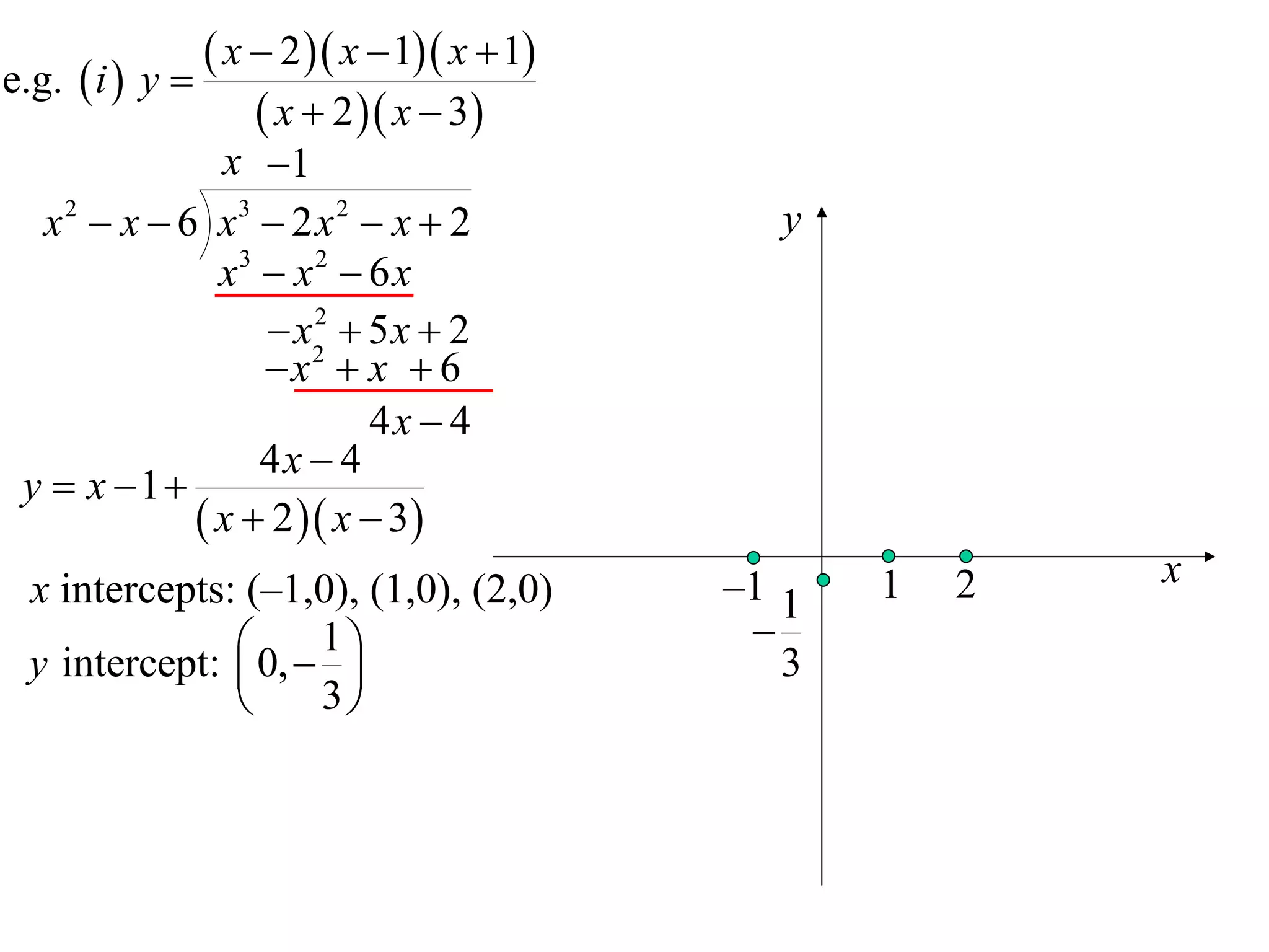 e.g.  i  y 
                x  2  x  1 x  1
                    x  2  x  3
               x 1
  x 2  x  6 x3  2 x 2  x  2              y
               x3  x 2  6 x
                   x2  5 x  2
                      2

                  x  x  6
                          4x  4
                  4x  4
 y  x 1
              x  2  x  3
 x intercepts: (–1,0), (1,0), (2,0)        –1 1   1   2   x
                                            
 y intercept:  0,  
                    1
                                            3
                   3
 