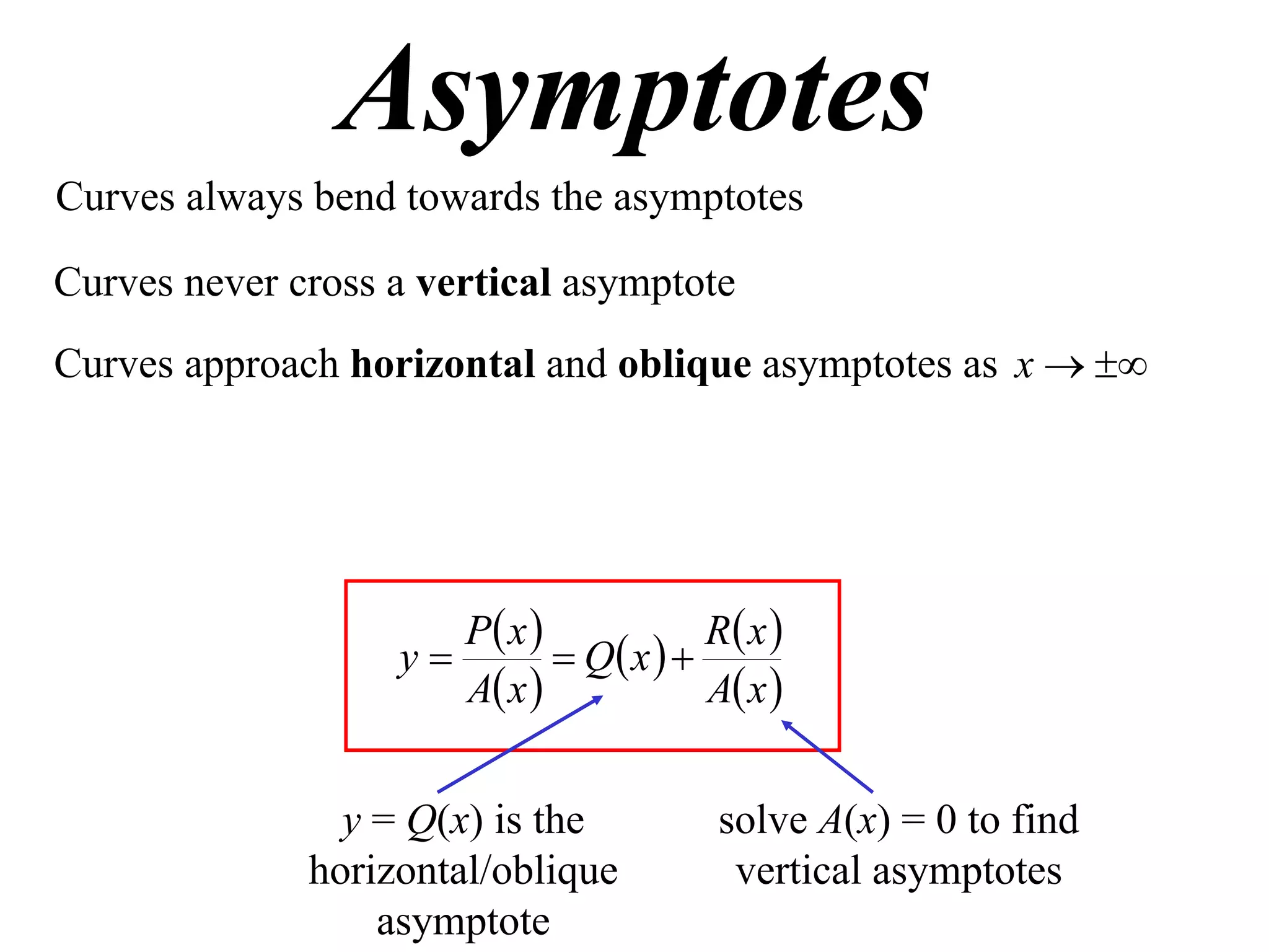 Asymptotes
Curves always bend towards the asymptotes

Curves never cross a vertical asymptote
Curves approach horizontal and oblique asymptotes as x  




                      P x             R x 
                   y         Q x  
                      A x             A x 


                y = Q(x) is the          solve A(x) = 0 to find
              horizontal/oblique          vertical asymptotes
                  asymptote
 