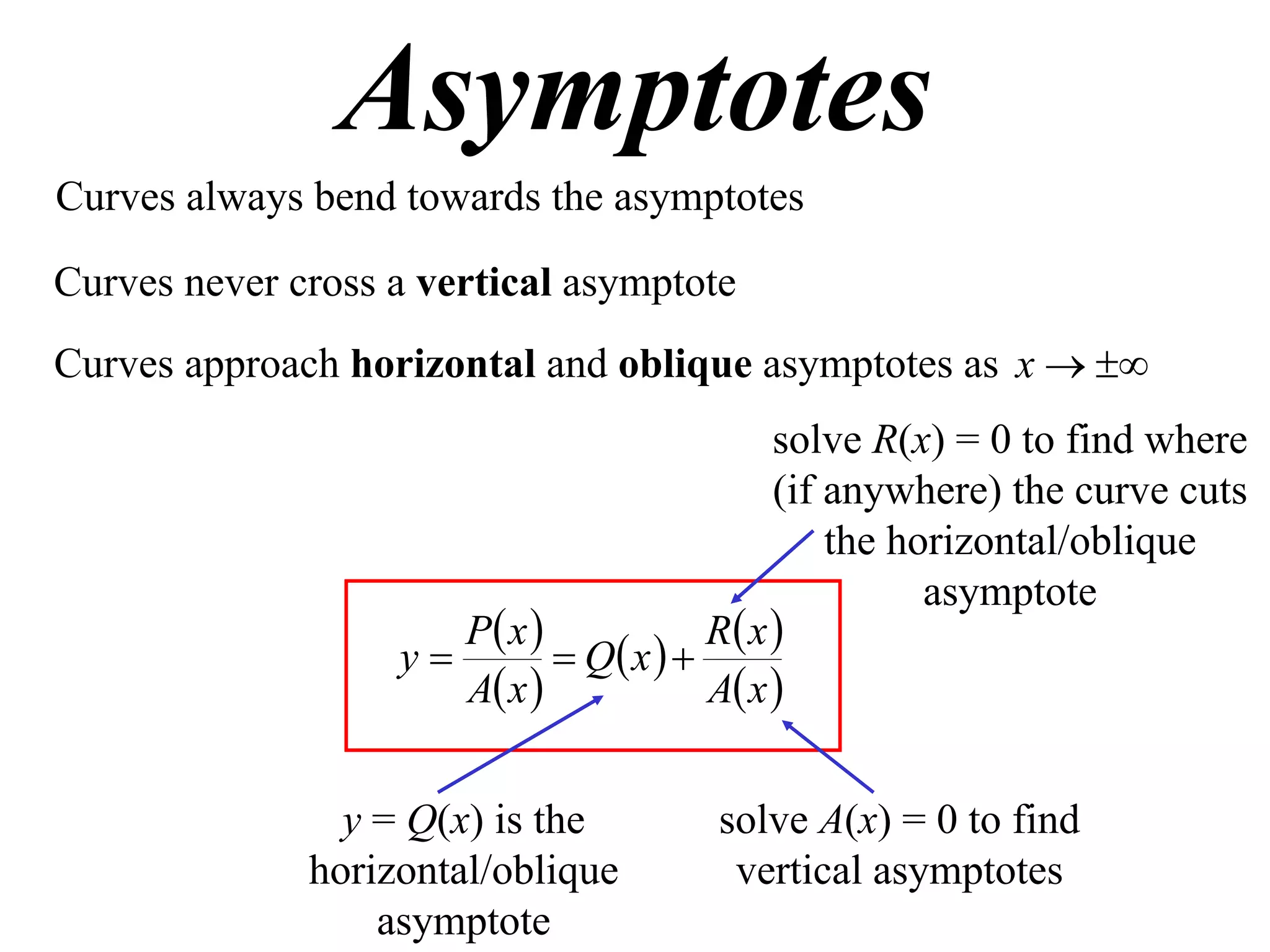 Asymptotes
Curves always bend towards the asymptotes

Curves never cross a vertical asymptote
Curves approach horizontal and oblique asymptotes as x  
                                             solve R(x) = 0 to find where
                                             (if anywhere) the curve cuts
                                                 the horizontal/oblique
                                                       asymptote
                      P x             R x 
                   y         Q x  
                      A x             A x 


                y = Q(x) is the          solve A(x) = 0 to find
              horizontal/oblique          vertical asymptotes
                  asymptote
 