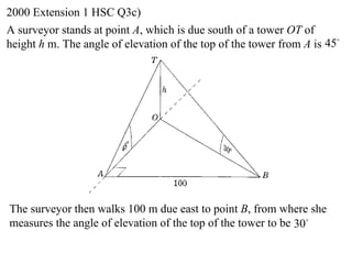 2000 Extension 1 HSC Q3c)
A surveyor stands at point A, which is due south of a tower OT of
                                                                        
height h m. The angle of elevation of the top of the tower from A is 45




The surveyor then walks 100 m due east to point B, from where she
measures the angle of elevation of the top of the tower to be 30
 