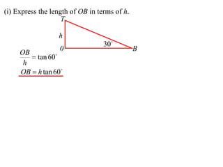 (i) Express the length of OB in terms of h.
                    T

                  h
                                  30
                  0                           B
     OB
         tan 60
      h
     OB  h tan 60
 