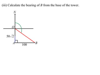 (iii) Calculate the bearing of B from the base of the tower.

         N



       O

   50 2
        A      100       B
 