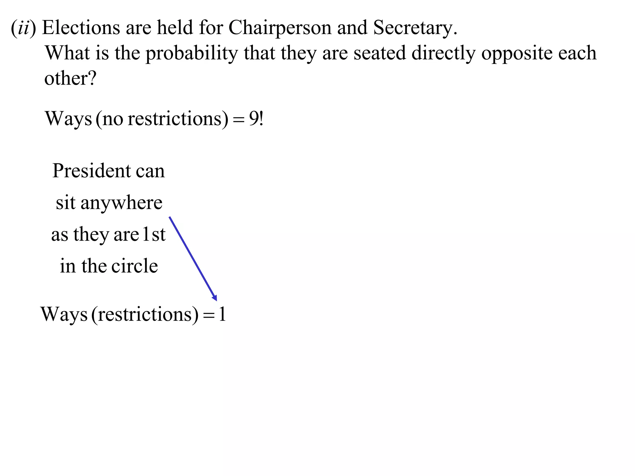 (ii) Elections are held for Chairperson and Secretary.
     What is the probability that they are seated directly opposite each
     other?
    Ways (no restrictions)  9!

    President can
    sit anywhere
    as they are 1st
     in the circle

   Ways (restrictions)  1
 