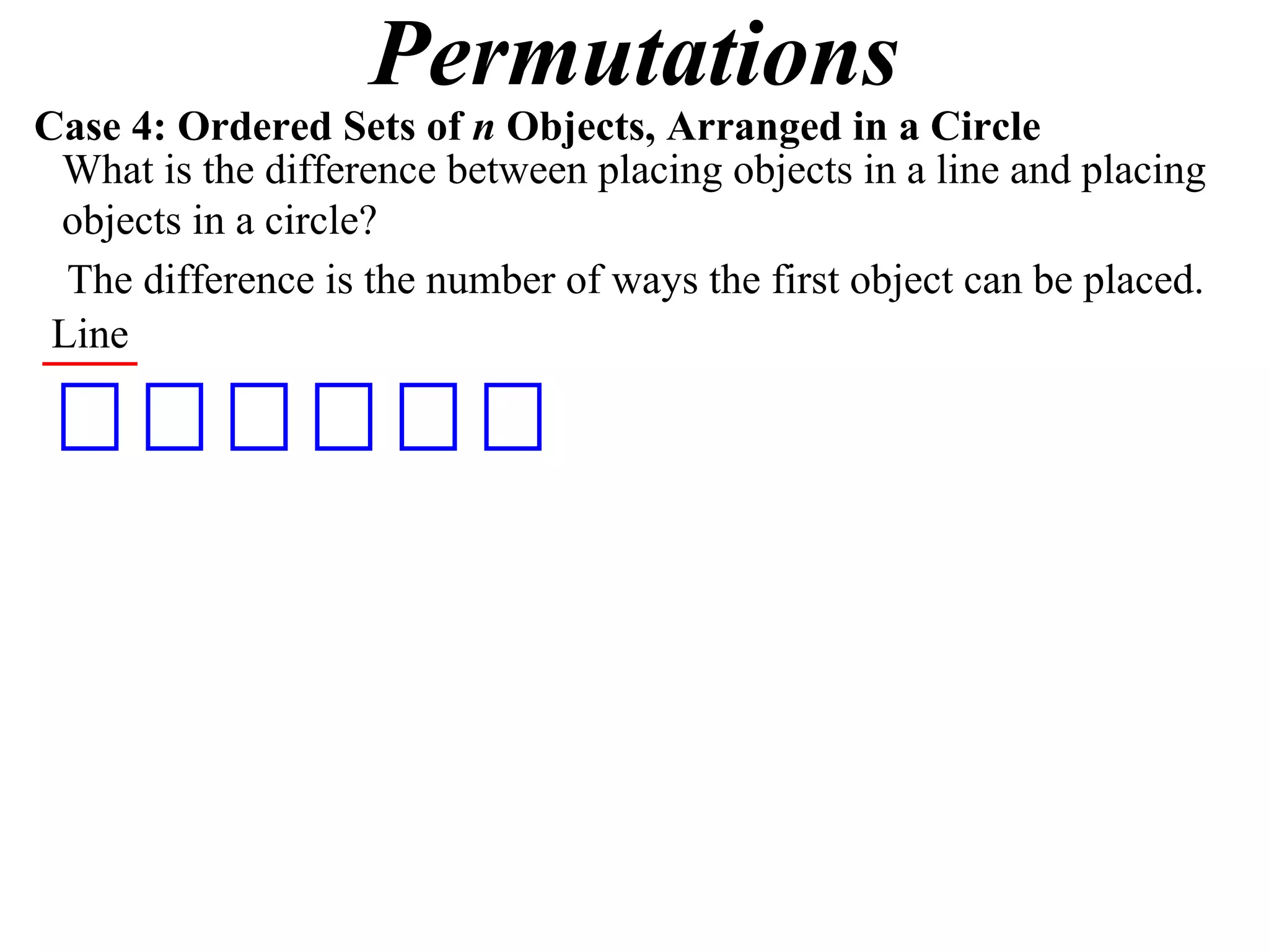Permutations
Case 4: Ordered Sets of n Objects, Arranged in a Circle
 What is the difference between placing objects in a line and placing
 objects in a circle?
  The difference is the number of ways the first object can be placed.
 Line
 