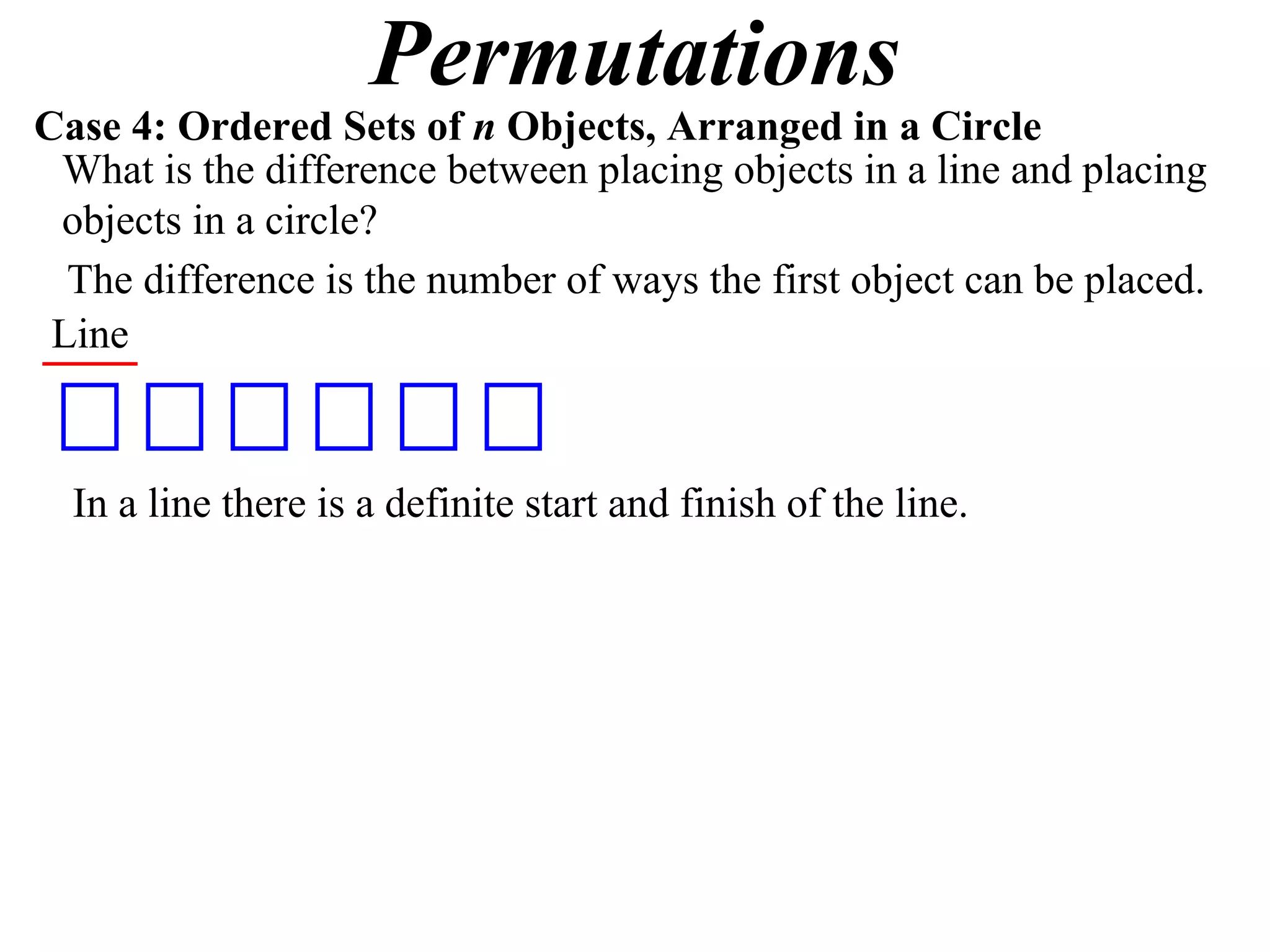 Permutations
Case 4: Ordered Sets of n Objects, Arranged in a Circle
 What is the difference between placing objects in a line and placing
 objects in a circle?
  The difference is the number of ways the first object can be placed.
 Line



  In a line there is a definite start and finish of the line.
 