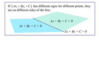 If  Ax1  By1  C  has different signs for different points, they
are on different sides of the line.


                                  Ax + By + C > 0
         Ax + By + C < 0
                                             Ax + By + C = 0
 