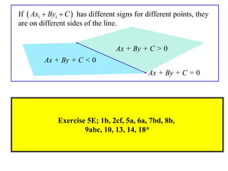 If  Ax1  By1  C  has different signs for different points, they
are on different sides of the line.


                                  Ax + By + C > 0
         Ax + By + C < 0
                                             Ax + By + C = 0




             Exercise 5E; 1b, 2cf, 5a, 6a, 7bd, 8b,
                     9abc, 10, 13, 14, 18*
 