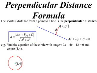 Perpendicular Distance
         Formula
The shortest distance from a point to a line is the perpendicular distance.
                                               x1 , y1 
                                          d
            Ax1  By1  C
       d
                A2  B 2                              Ax + By + C = 0
e.g. Find the equation of the circle with tangent 3x – 4y – 12 = 0 and
     centre (1,4).



            1, 4 
 