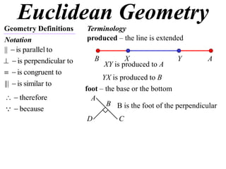 Euclidean Geometry
Geometry Definitions
Notation
Terminology
toparallelis|| 
lar toperpendicuis
tocongruentis
similar tois||| 
therefore
because
produced – the line is extended
X Y
XY is produced to A
A
YX is produced to B
B
foot – the base or the bottom
A
B
CD
B is the foot of the perpendicular
 
