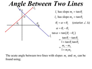 Angle Between Two Lines
         l   y        2
                                       l1 has slope m1  tan 1
                                      l2 has slope m2  tan  2

        2                1           1     2     (exterior  )
                           x
                                           1   2
                                     tan   tan 1   2 
                                  l1
                                              tan 1  tan  2
                                           
                                             1  tan 1 tan  2
                                             m1  m2
                                           
                                             1  m1m2
The acute angle between two lines with slopes m1 and m2 can be
found using;
 