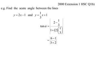 2000 Extension 1 HSC Q1b)
e.g. Find the acute angle between the lines
                             1
          y  2 x  1 and y  x  1
                             3
                                             1
                                        2
                             tan           3
                                             1
                                     1  2  
                                              3
                                    6 1
                                  
                                    3 2
 