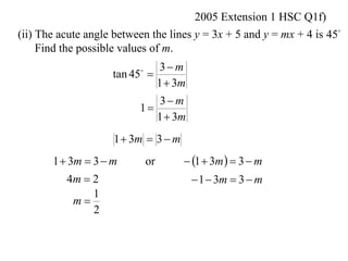 2005 Extension 1 HSC Q1f)
(ii) The acute angle between the lines y = 3x + 5 and y = mx + 4 is 45
     Find the possible values of m.
                              3 m
                    tan 45 
                          

                             1  3m
                              3 m
                          1
                             1  3m
                     1  3m  3  m
       1  3m  3  m         or       1  3m   3  m
          4m  2                        1  3m  3  m
               1
           m
               2
 