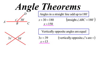 Angle Theorems
                  D    Angles in a straight line add up to 180

A
           x  30     x  30  180          straight ABC  180 

            B      C        x  150

                         Vertically opposite angles are equal

    3x     39        3x  39        vertically opposite' s are 
                        x  13
 