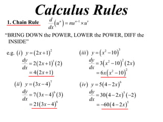 Calculus Rules
1. Chain Rule
              dx
                  u   nu n1  u
               d n

“BRING DOWN the POWER, LOWER the POWER, DIFF the
 INSIDE”

e.g.  i  y   2 x  1            iii  y   x  10 
                         2                         2         3



                                             3  x  10   2 x 
          dy                             dy
              2  2 x  1  2 
                           1                       2      2

          dx                             dx
              4  2 x  1                  6 x  x  10 
                                                     2       2



     ii  y   3x  4             iv  y  5  4  2 x 
                         7                                     6


          dy                             dy
              7  3 x  4   3            30  4  2 x   2 
                            6                               5

          dx                             dx
              21 3 x  4                  60  4  2x 
                              6                               5
 