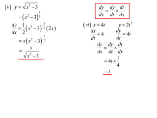  v  y  x2  3                        dy dy dt
                                           
                   1
       x  3
          2        2                    dx dt dx
                  1
       x  3 2  2 x 
   dy 1 2                      vi  x  4t     y  2t 2
                                   dx           dy
   dx 2
                           1          4            4t
       x  x  3
              2                   dt           dt
                           2
                                      dy dy dt
             x                            
                                     dx dt dx
           x2  3                               1
                                          4t 
                                                4
                                         t
 
