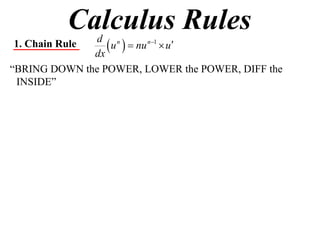 Calculus Rules
1. Chain Rule
              dx
                  u   nu n1  u
               d n

“BRING DOWN the POWER, LOWER the POWER, DIFF the
 INSIDE”
 