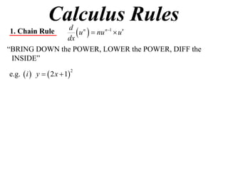 Calculus Rules
1. Chain Rule
              dx
                  u   nu n1  u
               d n

“BRING DOWN the POWER, LOWER the POWER, DIFF the
 INSIDE”

e.g.  i  y   2 x  1
                            2
 