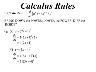 Calculus Rules
1. Chain Rule
              dx
                  u   nu n1  u
               d n

“BRING DOWN the POWER, LOWER the POWER, DIFF the
 INSIDE”

e.g.  i  y   2 x  1
                         2


          dy
              2  2 x  1  2 
                           1

          dx
              4  2 x  1

     ii  y   3x  4 
                         7


          dy
              7  3 x  4   3
                            6

          dx
              21 3 x  4 
                              6
 