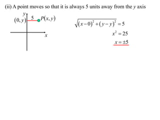 (ii) A point moves so that it is always 5 units away from the y axis
           y
      0, y  5 P x, y 
                                     x  0   y  y   5
                                            2           2



                   x                               x 2  25
                                                     x  5
 