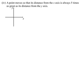 (iv) A point moves so that its distance from the x axis is always 5 times
     as great as its distance from the y axis.
          y



                   x
 