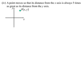 (iv) A point moves so that its distance from the x axis is always 5 times
     as great as its distance from the y axis.
                    P  x, y 
          y



                   x
 