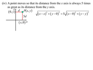 (iv) A point moves so that its distance from the x axis is always 5 times
     as great as its distance from the y axis.
                    P  x, y 
            y d
       0, y 
                                 x  x    y  0  5  x  0   y  y 
                                         2          2            2            2

                   5d

               x,0  x
 