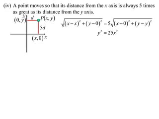 (iv) A point moves so that its distance from the x axis is always 5 times
     as great as its distance from the y axis.
                    P  x, y 
            y d
       0, y 
                                 x  x    y  0  5  x  0   y  y 
                                         2           2           2            2

                   5d
                                                   y 2  25 x 2
                x,0  x
 