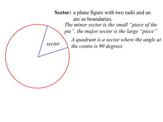 Sector: a plane figure with two radii and an
           arc as boundaries.
       The minor sector is the small “piece of the
       pie”, the major sector is the large “piece”
          A quadrant is a sector where the angle at
sector    the centre is 90 degrees
 