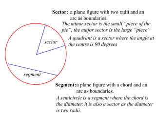 Sector: a plane figure with two radii and an
                     arc as boundaries.
                 The minor sector is the small “piece of the
                 pie”, the major sector is the large “piece”
                     A quadrant is a sector where the angle at
          sector     the centre is 90 degrees




segment

               Segment: a plane figure with a chord and an
                         arc as boundaries.
               A semicircle is a segment where the chord is
               the diameter, it is also a sector as the diameter
               is two radii.
 