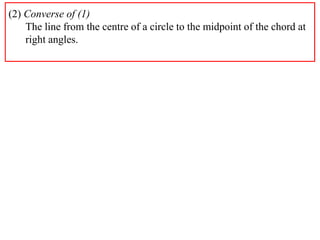 (2) Converse of (1)
    The line from the centre of a circle to the midpoint of the chord at
    right angles.
 