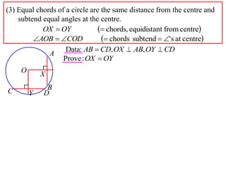 (3) Equal chords of a circle are the same distance from the centre and
    subtend equal angles at the centre.
            OX  OY              chords, equidistant from centre
         AOB  COD              chords subtend  ' s at centre
                    Data: AB  CD, OX  AB, OY  CD
              A
                   Prove : OX  OY
     O       X
              B
C        Y   D
 