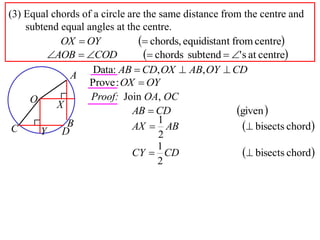 (3) Equal chords of a circle are the same distance from the centre and
    subtend equal angles at the centre.
            OX  OY              chords, equidistant from centre
         AOB  COD              chords subtend  ' s at centre
                    Data: AB  CD, OX  AB, OY  CD
              A
                   Prove : OX  OY
     O             Proof: Join OA, OC
           X
                              AB  CD                   given 
                                     1
 C     Y D
             B                AX  AB                      bisects chord
                                     2
                                     1
                              CY  CD                      bisects chord
                                     2
 