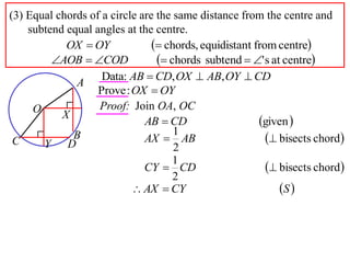 (3) Equal chords of a circle are the same distance from the centre and
    subtend equal angles at the centre.
            OX  OY              chords, equidistant from centre
         AOB  COD              chords subtend  ' s at centre
                    Data: AB  CD, OX  AB, OY  CD
              A
                   Prove : OX  OY
     O             Proof: Join OA, OC
           X
                              AB  CD                   given 
                                     1
 C     Y D
             B                AX  AB                      bisects chord
                                     2
                                     1
                              CY  CD                      bisects chord
                                     2
                            AX  CY                         S 
 