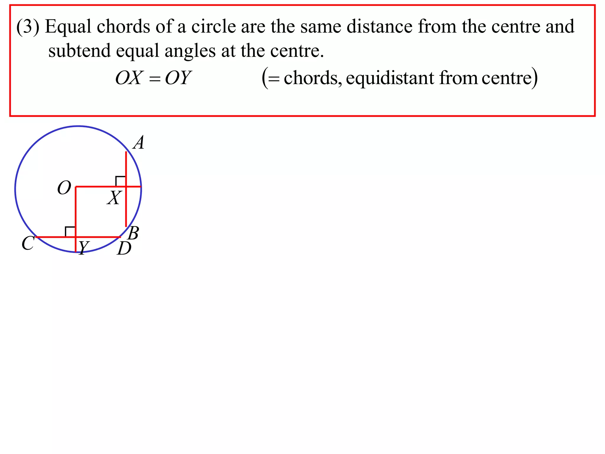 (3) Equal chords of a circle are the same distance from the centre and
subtend equal angles at the centre.
 centrefromtequidistanchords, OYOX
A
B
O
X
C DY
 