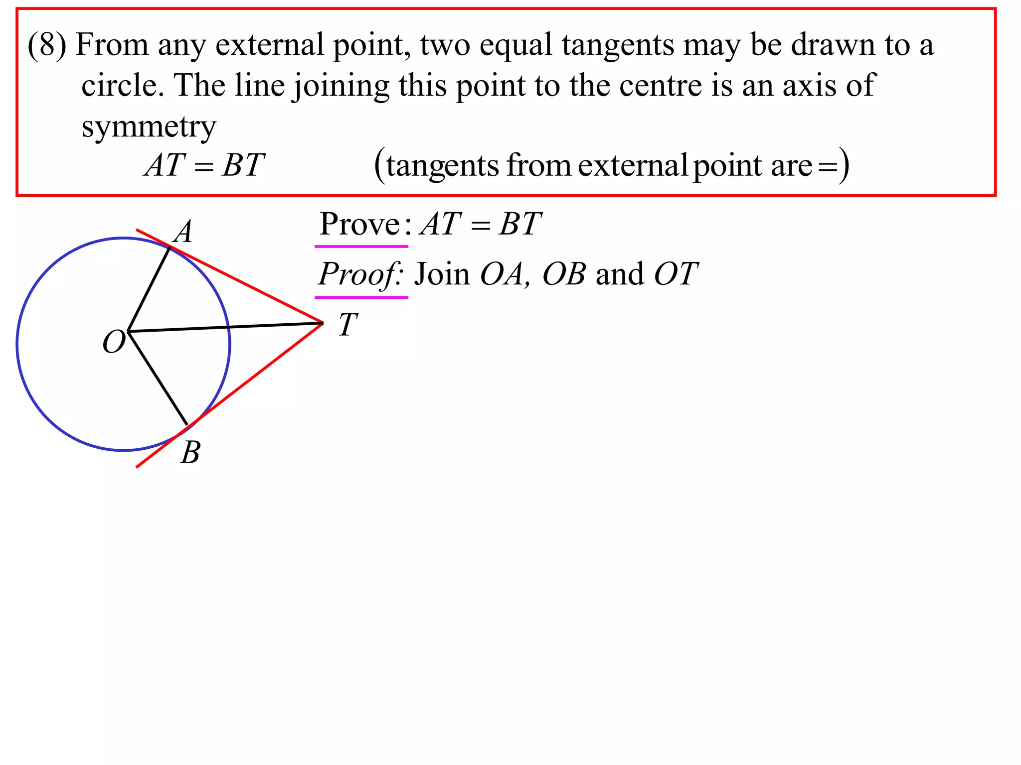 (8) From any external point, two equal tangents may be drawn to a
    circle. The line joining this point to the centre is an axis of
    symmetry
         AT  BT           tangents from external point are 
          A          Prove : AT  BT
                     Proof: Join OA, OB and OT
                      T
     O


           B
 