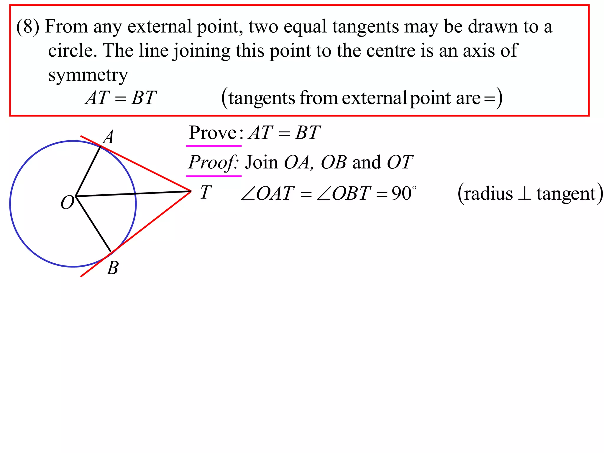 (8) From any external point, two equal tangents may be drawn to a
    circle. The line joining this point to the centre is an axis of
    symmetry
         AT  BT           tangents from external point are 
          A          Prove : AT  BT
                     Proof: Join OA, OB and OT

     O                T    OAT  OBT  90           radius  tangent 


           B
 