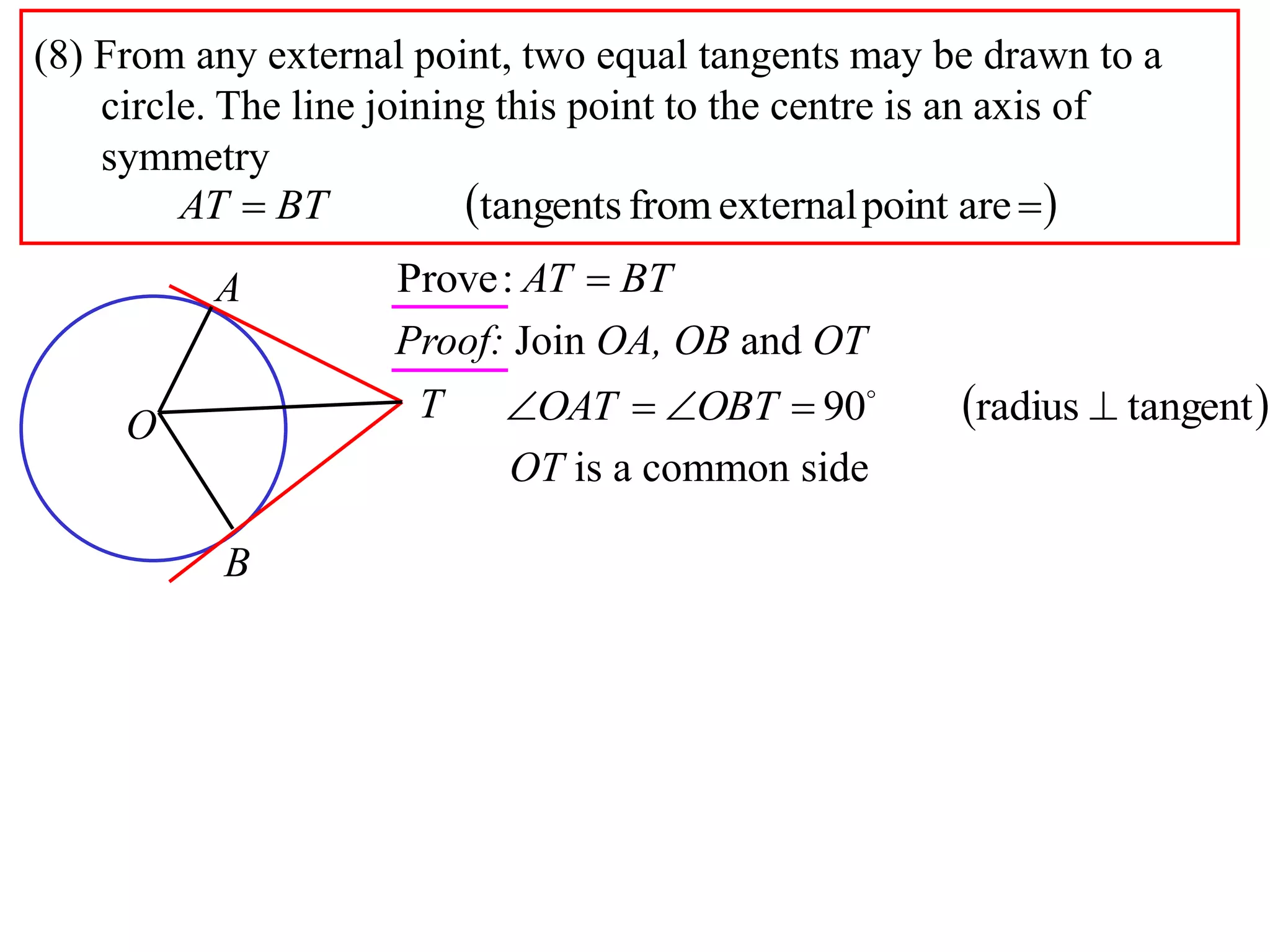 (8) From any external point, two equal tangents may be drawn to a
    circle. The line joining this point to the centre is an axis of
    symmetry
         AT  BT           tangents from external point are 
          A          Prove : AT  BT
                     Proof: Join OA, OB and OT

     O                T    OAT  OBT  90           radius  tangent 
                           OT is a common side

           B
 