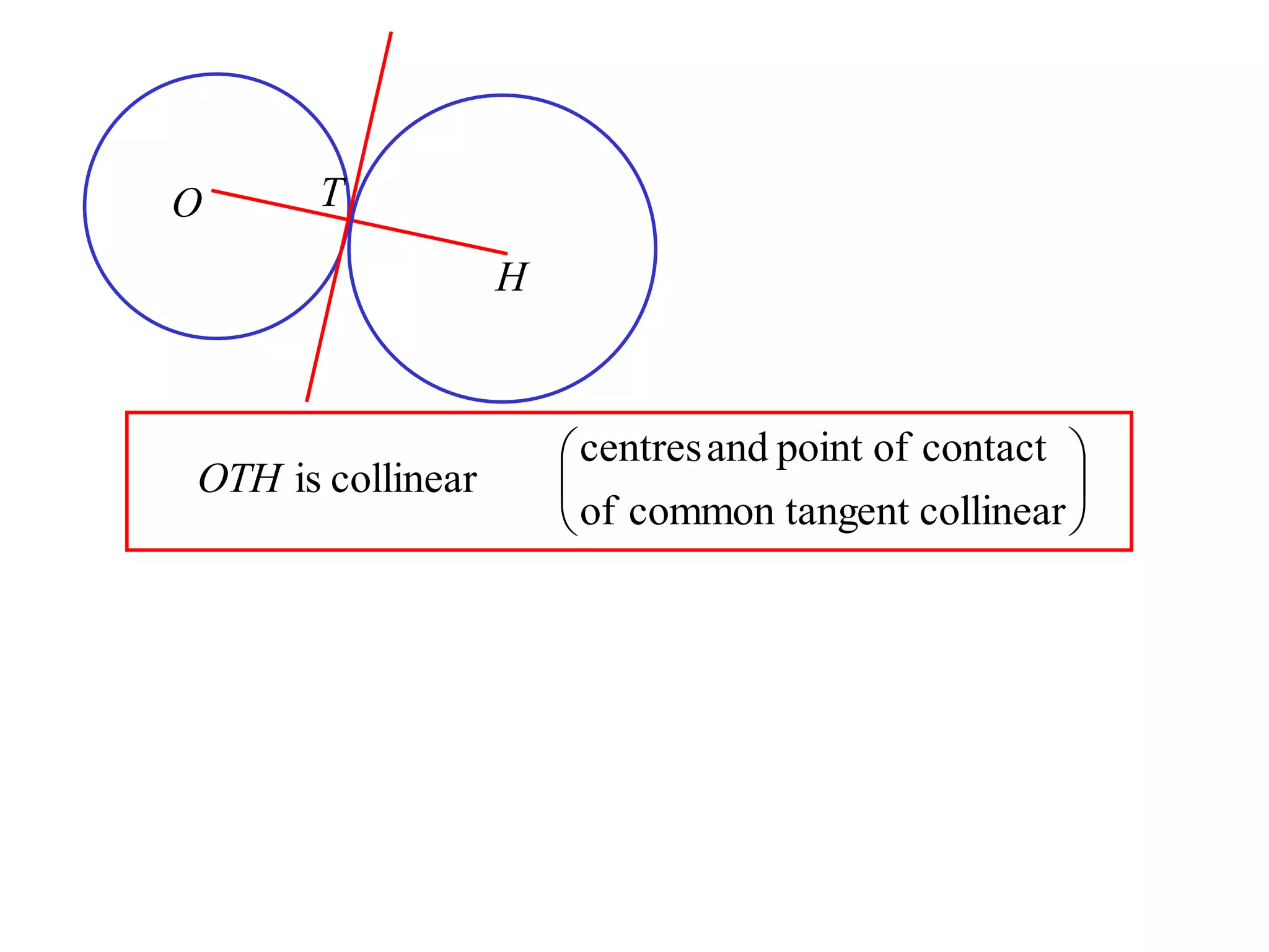 O     T

                   H



                        centres and point of contact 
OTH is collinear                                     
                        of common tangent collinear 
 