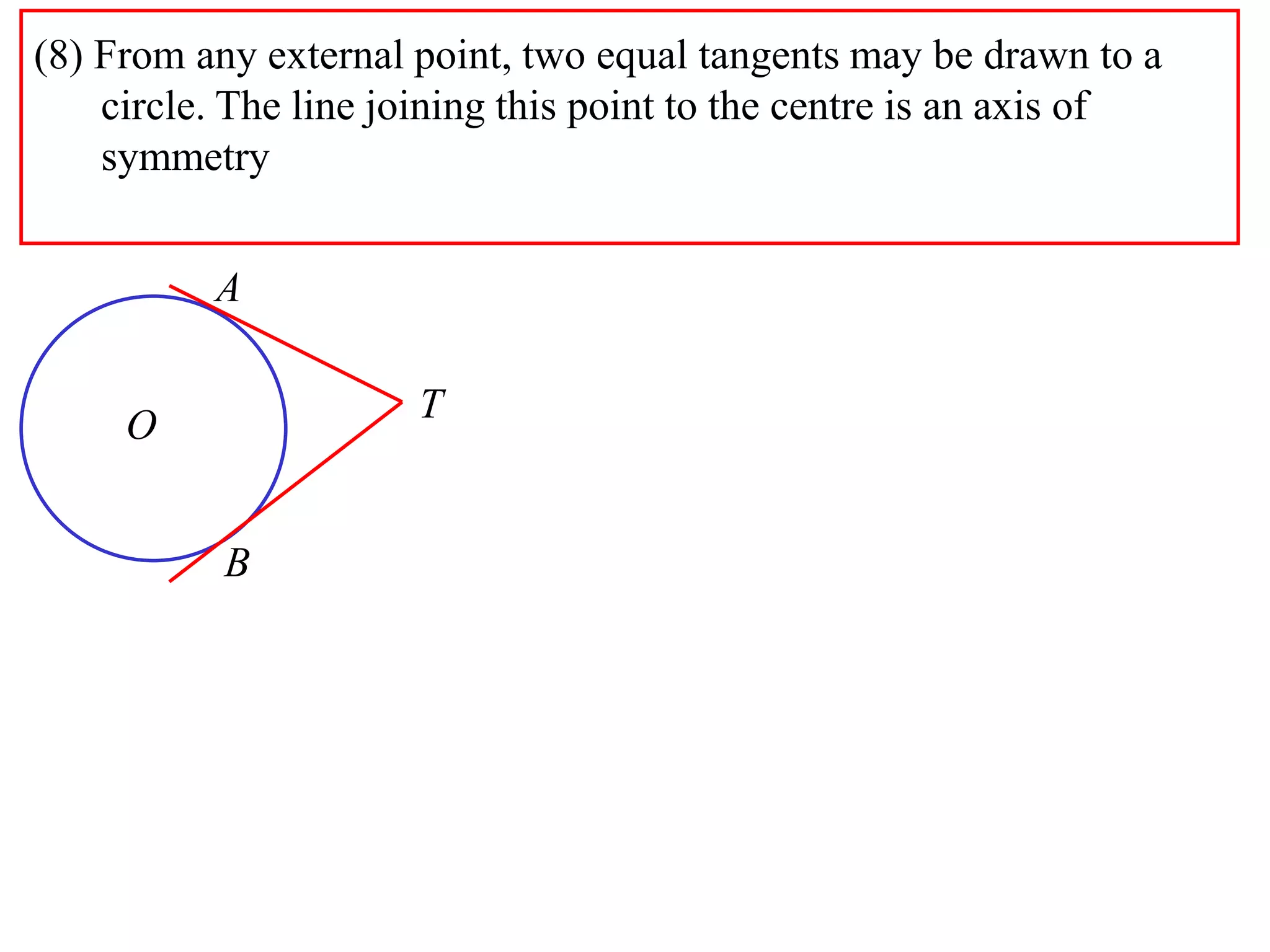 (8) From any external point, two equal tangents may be drawn to a
circle. The line joining this point to the centre is an axis of
symmetry
A
B
O
T
 