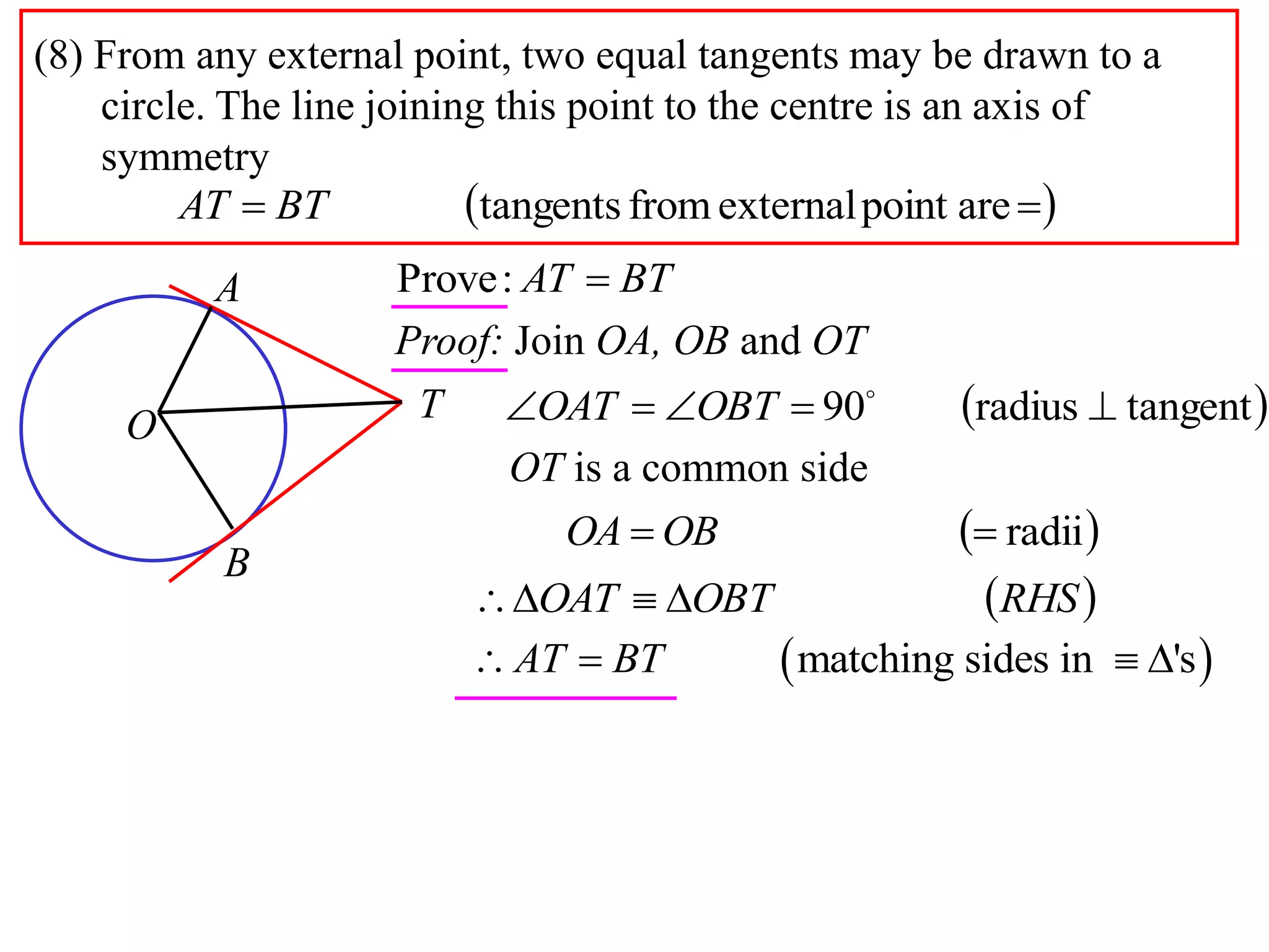 (8) From any external point, two equal tangents may be drawn to a
circle. The line joining this point to the centre is an axis of
symmetry
  arepointexternalfromtangentsBTAT
A
B
O
T
BTAT :Prove
Proof: Join OA, OB and OT
 tangentradius90  
OBTOAT
 radii OBOA
OT is a common side
 RHSOBTOAT 
 matching sides in 'sAT BT   
 