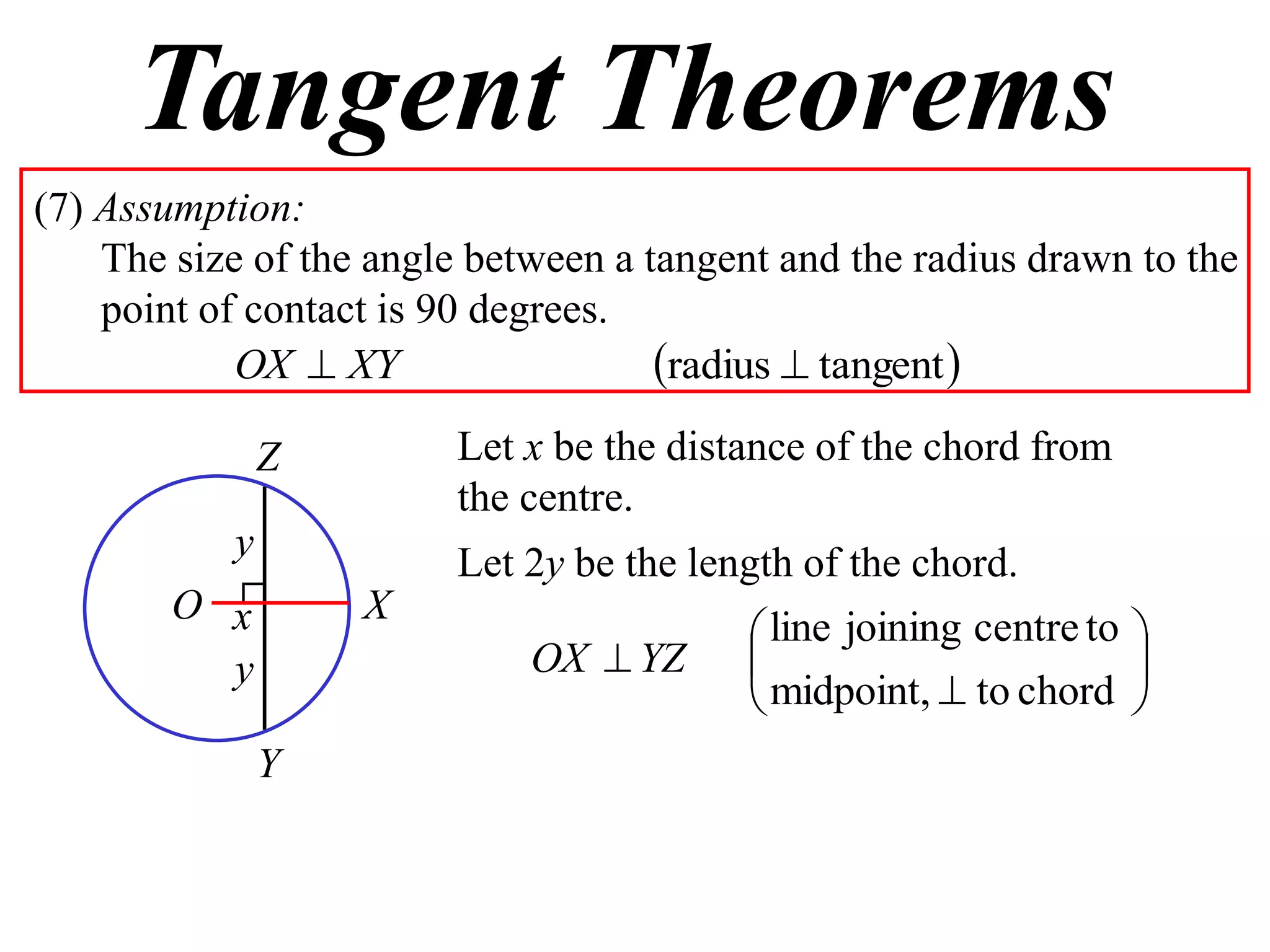 Tangent Theorems
(7) Assumption:
The size of the angle between a tangent and the radius drawn to the
point of contact is 90 degrees.
 tangentradius  XYOX
Let x be the distance of the chord from
the centre.
y
x
Let 2y be the length of the chord.
y
O X
Y
Z








chordtomidpoint,
tocentrejoiningline
YZOX
 