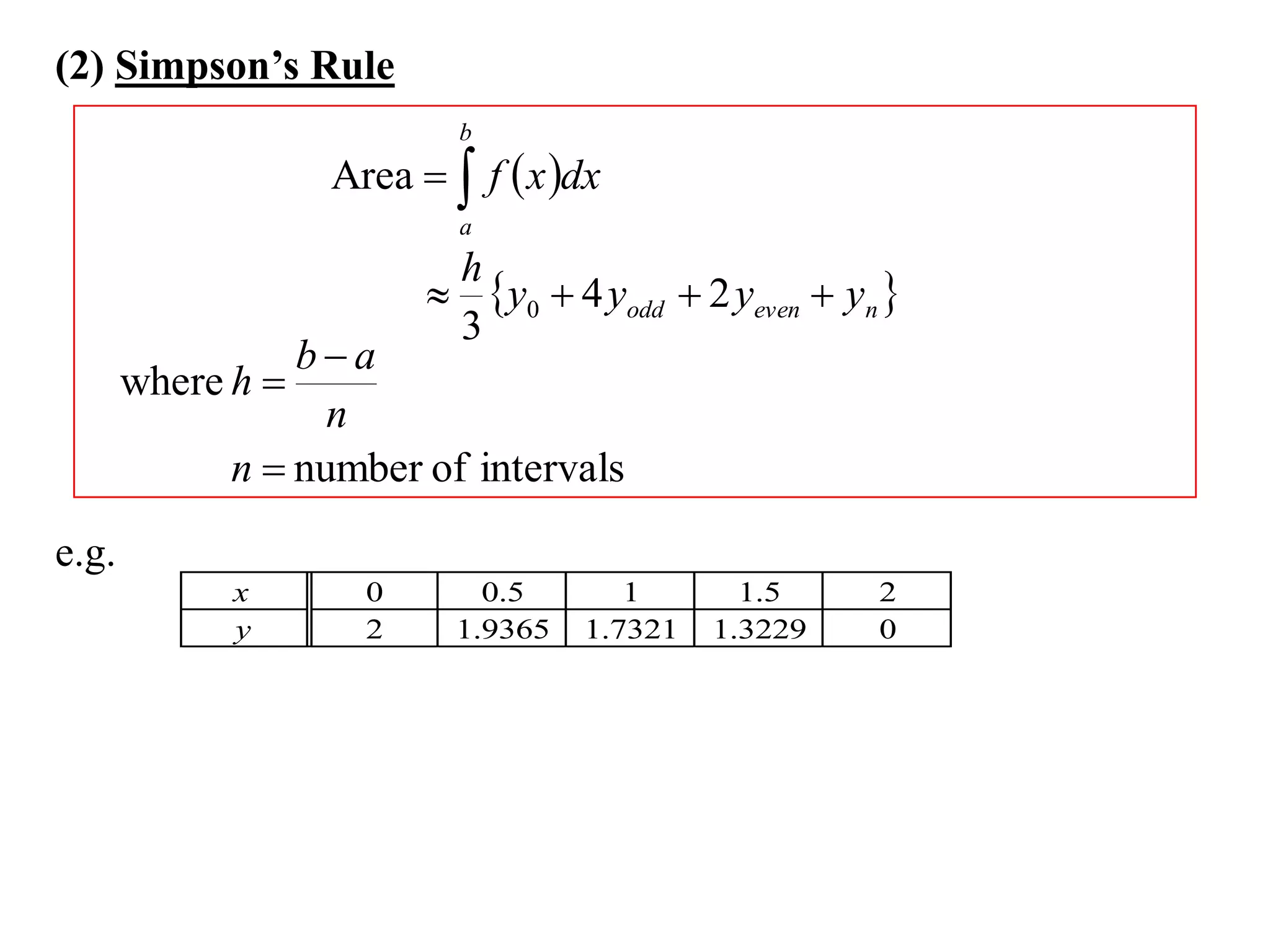 (2) Simpson’s Rule
b

Area   f  x dx
a

h
 y0  4 yodd  2 yeven  yn 
3

ba
n
n  number of intervals

where h 

e.g.
x
y

0
2

0.5
1.9365

1
1.7321

1.5
1.3229

2
0

 