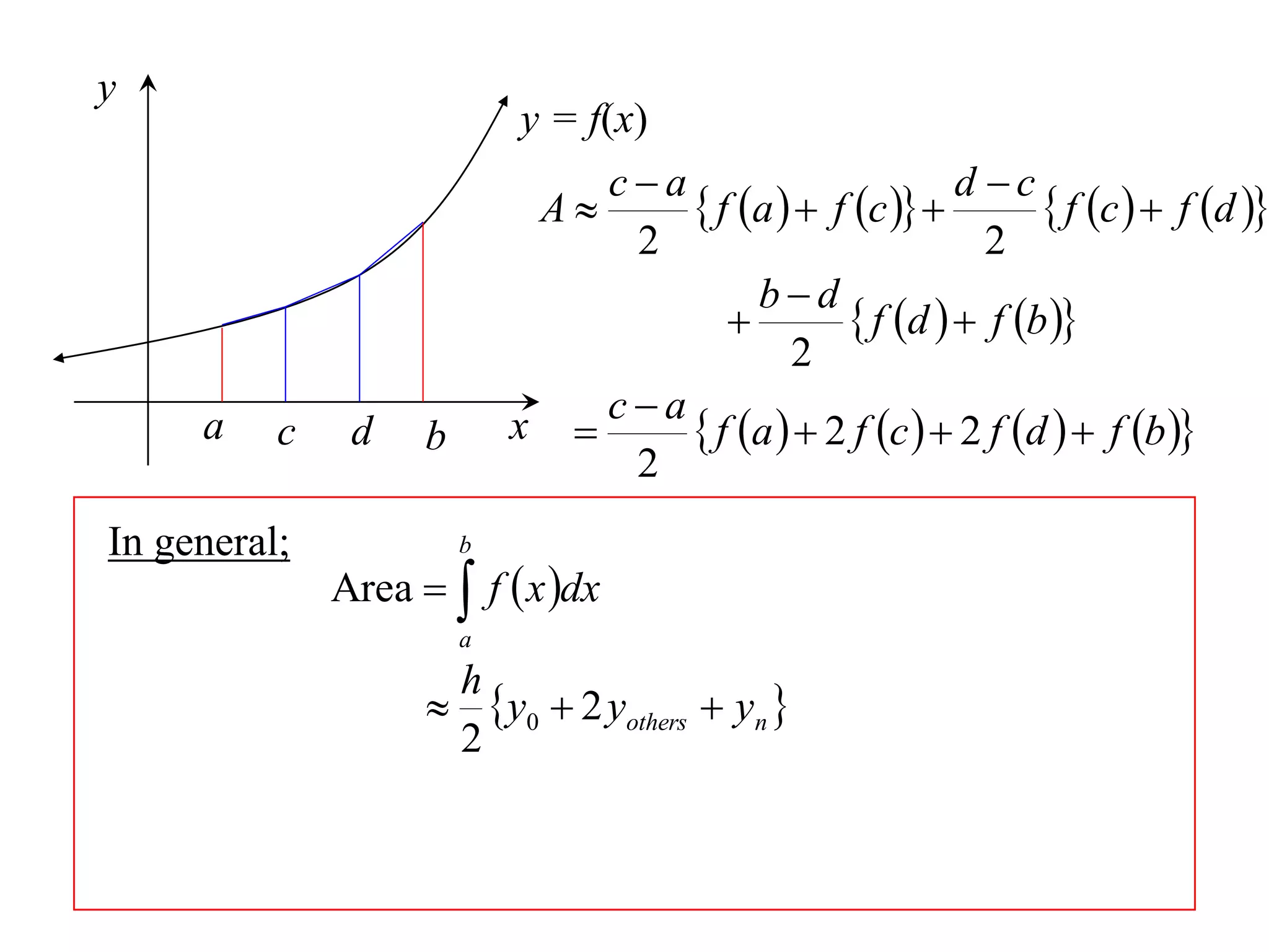 y
                            y = f(x)
                                ca                        d c
                             A        f a   f c           f c   f d 
                                  2                          2
                                           bd
                                                  f d   f b 
                                              2
     a    c    d    b       x  c  a  f a   2 f c   2 f d   f b 
                                  2
In general;             b
              Area   f  x dx
                        a
                     h
                     y0  2 yothers  yn 
                     2
 