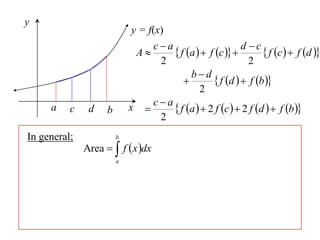 y
                            y = f(x)
                                ca                        d c
                             A        f a   f c           f c   f d 
                                  2                          2
                                           bd
                                                  f d   f b 
                                              2
     a    c    d    b       x  c  a  f a   2 f c   2 f d   f b 
                                  2
In general;             b
              Area   f  x dx
                        a
 