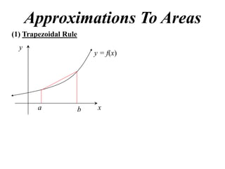 Approximations To Areas
(1) Trapezoidal Rule
  y
                           y = f(x)




        a              b    x
 
