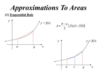 Approximations To Areas
(1) Trapezoidal Rule
  y
                           y = f(x)      ba
                                      A      f a   f b 
                                          2


                                       y                          y = f(x)
        a              b    x




                                              a     c       b         x
 